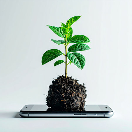 A young green plant sprouts from a clod of earth resting on a modern smartphone, symbolizing the powerful connection between nature and technology.の素材