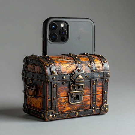 A modern smartphone, a repository of personal data and global connections, is revealed inside a rustic, antique treasure chest.の素材