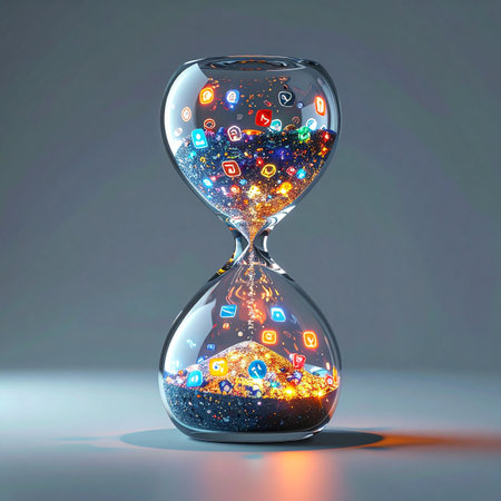 An hourglass measures the relentless passage of time, but instead of sand, glowing social media and app icons cascade downwards.の素材