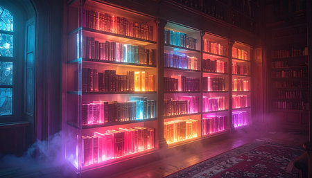In a hidden chamber where knowledge glows with a life of its own, ancient tomes and future data streams coexist on shelves illuminated by vibrant neon light.の素材