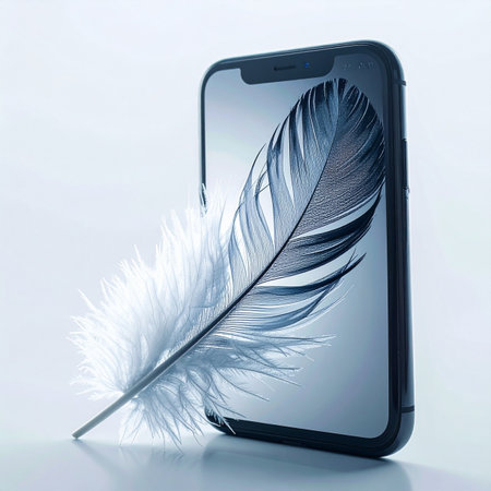 A delicate feather rests against a sleek, modern smartphone, symbolizing the seamless integration of feather-light design and powerful technology.の素材
