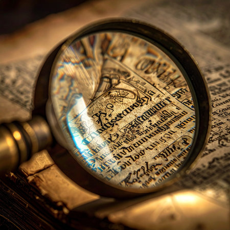 A magnifying glass hovers over the delicate, aged pages of an ancient manuscript, illuminating the intricate script.の素材