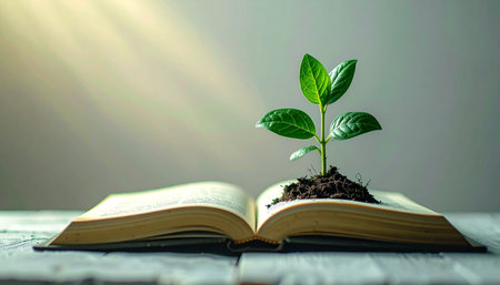 A small, vibrant green seedling emerges from the pages of an open book, symbolizing the growth of knowledge, wisdom, and new ideas.の素材