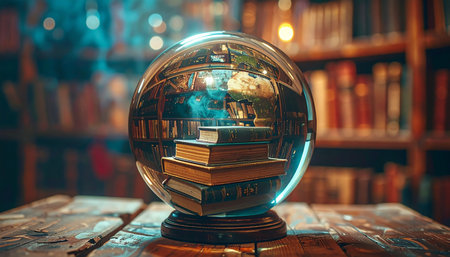 Within a mystical crystal ball, the future of knowledge is revealed not through hazy visions, but in the clear reflection of ancient books.の素材