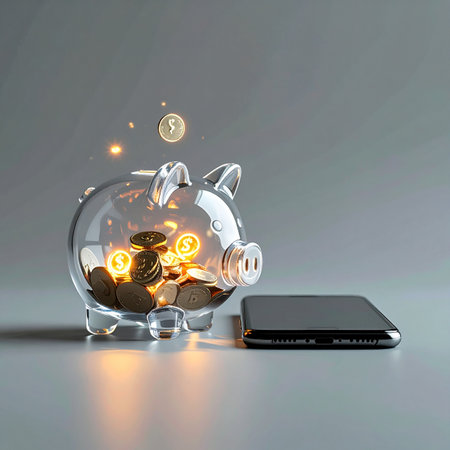A transparent piggy bank glows with digital coins, symbolizing the fusion of traditional savings with modern financial technology.の素材