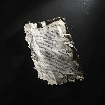 A single, crumpled piece of paper with burnt edges floats in a dark void, illuminated by a single spotlight.の素材