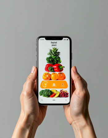A person holds a smartphone, exploring a modern nutrition app that visually represents a healthy diet with a vibrant food pyramid made of fresh fruits and vegetables.の素材