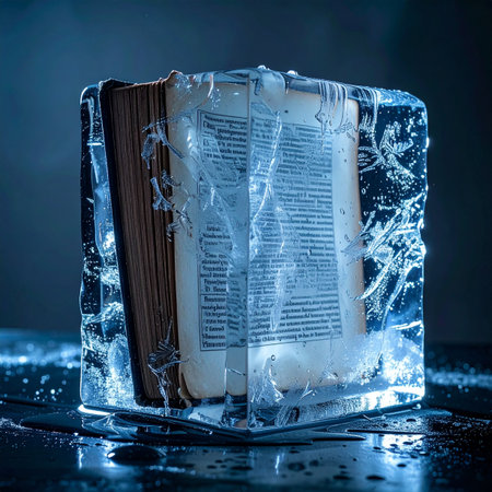 An ancient tome, its pages filled with forgotten stories and knowledge, is perfectly preserved within a solid block of ice.の素材