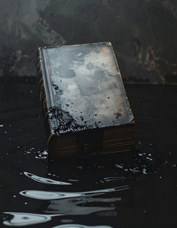 An old, weathered book floats in dark, still water, its pages saturated with forgotten secrets.の素材