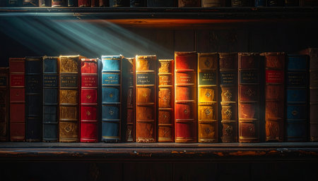 In a forgotten corner of a vast library, a single beam of light cuts through the dusty air, illuminating a row of ancient, leather-bound books.の素材