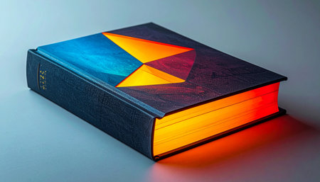 A mysterious book rests on a surface, its pages glowing with a warm, orange light that promises secret knowledge and powerful ideas.の素材