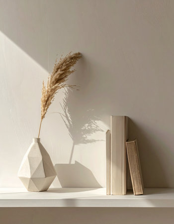 Morning sunlight streams across a white shelf, illuminating a modern geometric vase holding a single stalk of pampas grass.の素材
