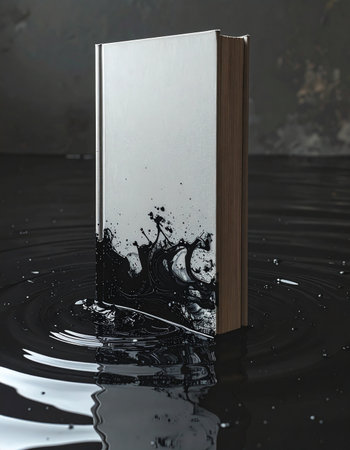 A solitary book with a blank cover stands in still, dark water, as black ink bleeds upwards from its base.の素材
