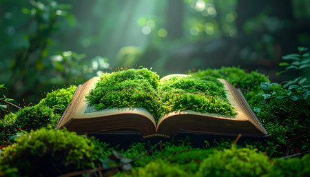 In the heart of an ancient, sun-dappled forest, an old book lies open, its pages transformed into a living carpet of lush moss.の素材