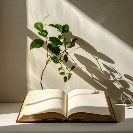A young green plant sprouts from the pages of an open book, bathed in warm sunlight.の素材