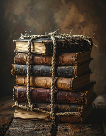 A stack of ancient, leather-bound tomes sits on a rustic wooden table, tied together with a coarse rope. Each volume holds forgotten stories and timeless wisdom, waiting to be rediscovered.の素材