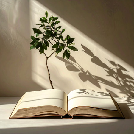 A quiet morning unfolds as warm sunlight streams into a peaceful room, casting delicate shadows of a plant across the wall and the open pages of a book.の素材