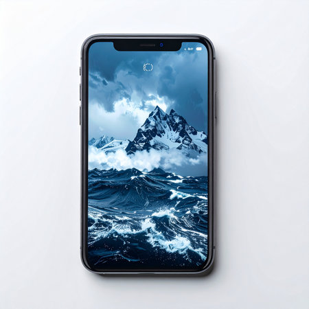 A modern smartphone, isolated on a clean white background, displays a breathtaking wallpaper of a snow-capped mountain peak rising from a turbulent, stormy sea.の素材