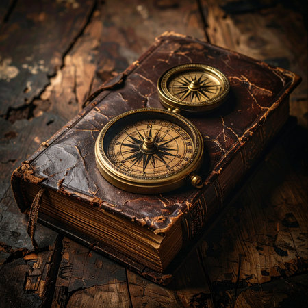 An antique brass compass rests upon the cracked leather cover of a forgotten explorer's journal.の素材