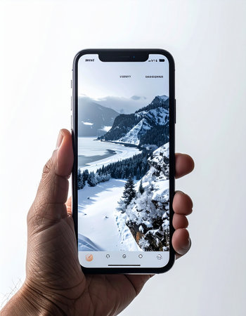 A person's hand holds a smartphone, displaying a breathtaking photo of a snow-covered mountain range and a frozen river.の素材