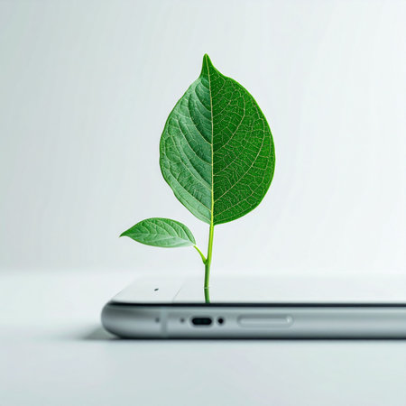 A fresh green sprout emerges from a modern smartphone, symbolizing the powerful merger of nature and technology.の素材