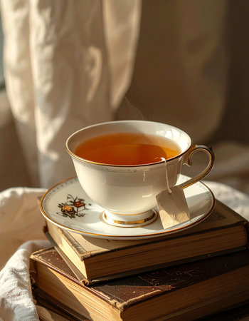 A quiet moment captured in time. A warm cup of tea rests on a stack of well-loved vintage books, bathed in the soft glow of afternoon sunlight.の素材