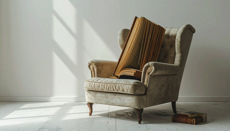 An old, comfortable armchair sits in a quiet corner, bathed in the warm morning sun. A favorite book rests on the seat, waiting for a moment of peaceful solitude and contemplation.の素材