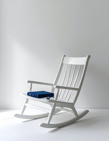 In a quiet, sunlit corner, a classic white rocking chair waits patiently.の素材