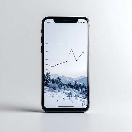 A smartphone displays a rising financial graph against a backdrop of a stark, snowy mountain range.の素材