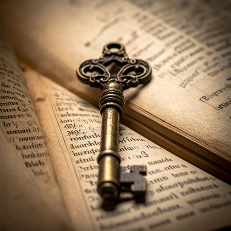 An antique brass key rests upon the pages of a weathered, ancient book, its ornate design hinting at a forgotten story.の素材
