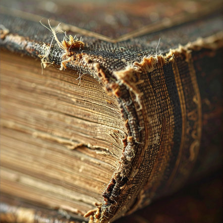 A macro view captures the fragile, decaying spine of an ancient tome.の素材