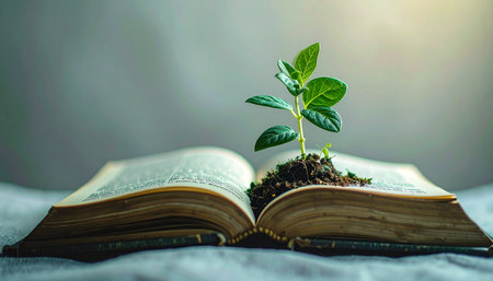 A tiny green sapling emerges from the rich soil nestled within the pages of an ancient, open book.の素材