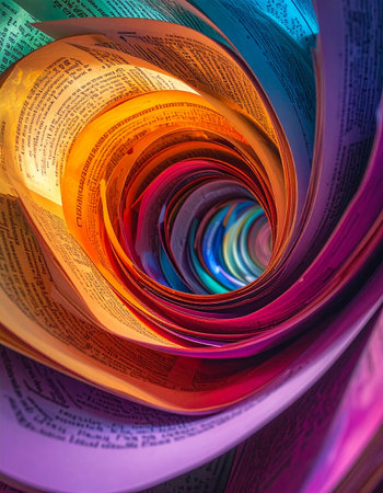 Dive into a vibrant, swirling tunnel crafted from the pages of countless books.の素材