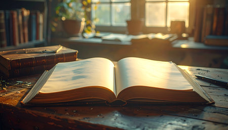In the quiet corner of a sun-drenched library, an old book lies open on a wooden desk.の素材