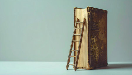 A small wooden ladder leans against a large, weathered book, symbolizing the journey of learning and the steps required to attain knowledge and wisdom.の素材
