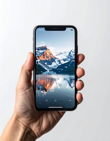 A person holds a modern smartphone, its screen glowing with a stunning mountain landscape reflected in a tranquil lake.の素材