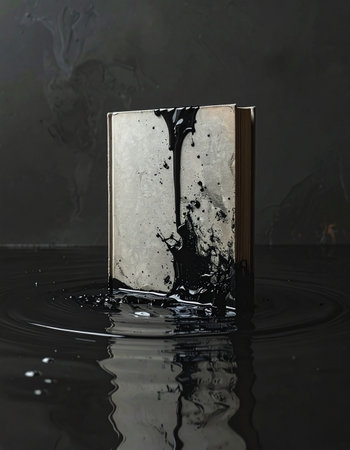 A thick, black, viscous liquid pours over a stark concrete block, creating a dramatic and messy splash.の素材