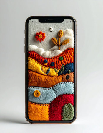 A vibrant, handmade world crafted from felt and yarn comes to life on the screen of a modern smartphone.の素材