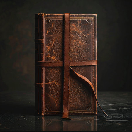 Bound in weathered leather and secured by a simple strap, this ancient journal holds untold stories and forgotten secrets.の素材