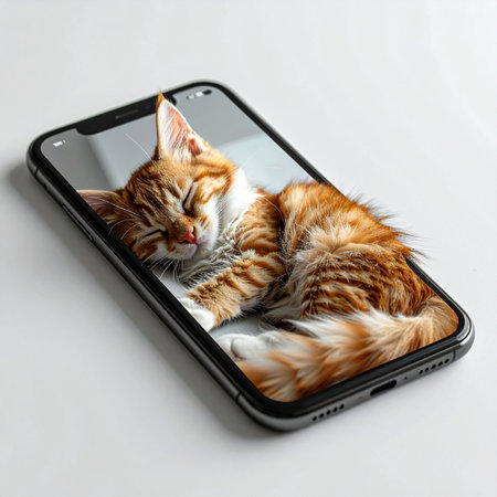 A tiny ginger kitten finds the coziest spot for a nap, curled up peacefully within the glowing screen of a modern smartphone.の素材