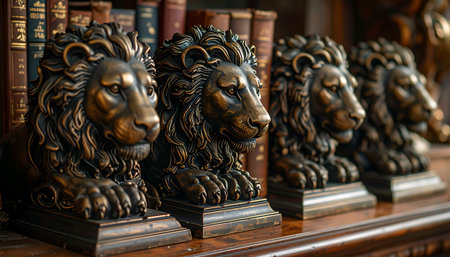 A row of majestic bronze lion bookends stands guard over a collection of antique volumes.の素材
