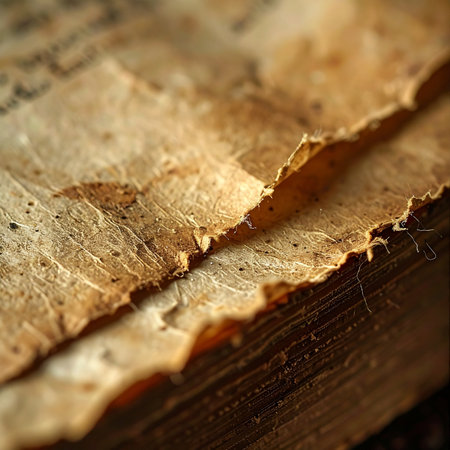 A macro view reveals the delicate, crumbling edges of an ancient manuscript.の素材