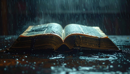 In the midst of a dramatic downpour, a weathered, ancient book lies open, its pages absorbing the falling rain.の素材
