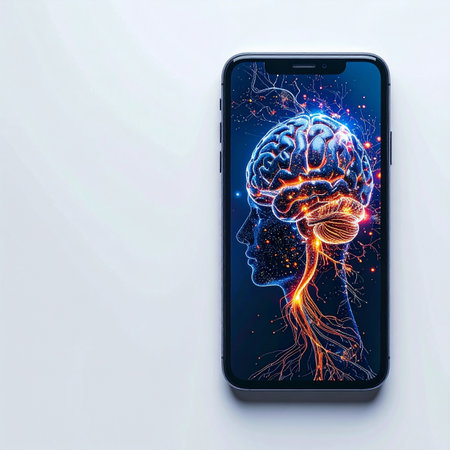 A smartphone displays a glowing digital representation of the human brain and nervous system, symbolizing the fusion of artificial intelligence and human consciousness.の素材