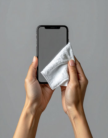 A person carefully wipes down their smartphone screen with a soft cloth, a daily ritual for digital hygiene.の素材