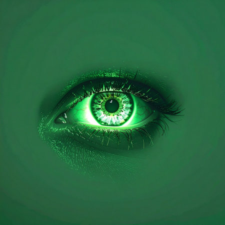 In the darkness, a single eye opens, its iris glowing with an intense, emerald light. It represents a new form of vision, a blend of human perception and advanced technology.の素材