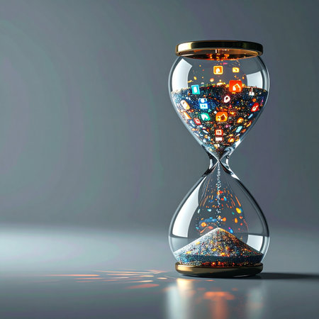 An hourglass measures the passage of time not with sand, but with a cascade of glowing digital app icons.の素材