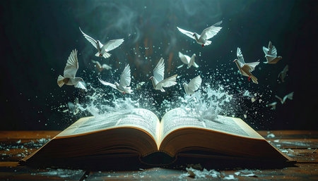 An old, open book rests on a dark wooden table, its pages unleashing a magical spectacle.の素材