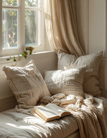 A quiet corner of a home becomes a personal sanctuary. An open book rests on a soft, cushioned daybed, bathed in the warm, gentle light streaming through a nearby window.の素材