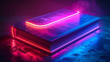 In a dark, futuristic landscape, a classic book of knowledge is illuminated by vibrant neon light.の素材